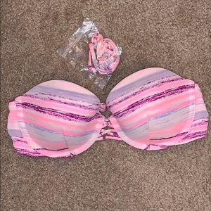 Bandeau swim top with straps.